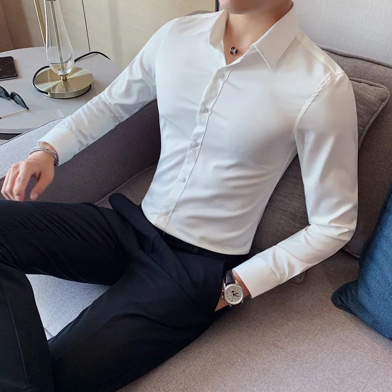 Long Sleeve Shirts For Men Clothing 2024 Business Formal Wear Slim Fit