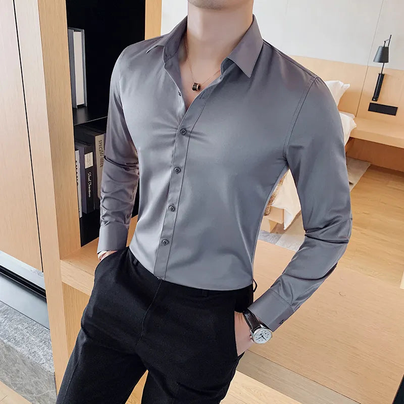 Long Sleeve Shirts For Men Clothing 2024 Business Formal Wear Slim Fit