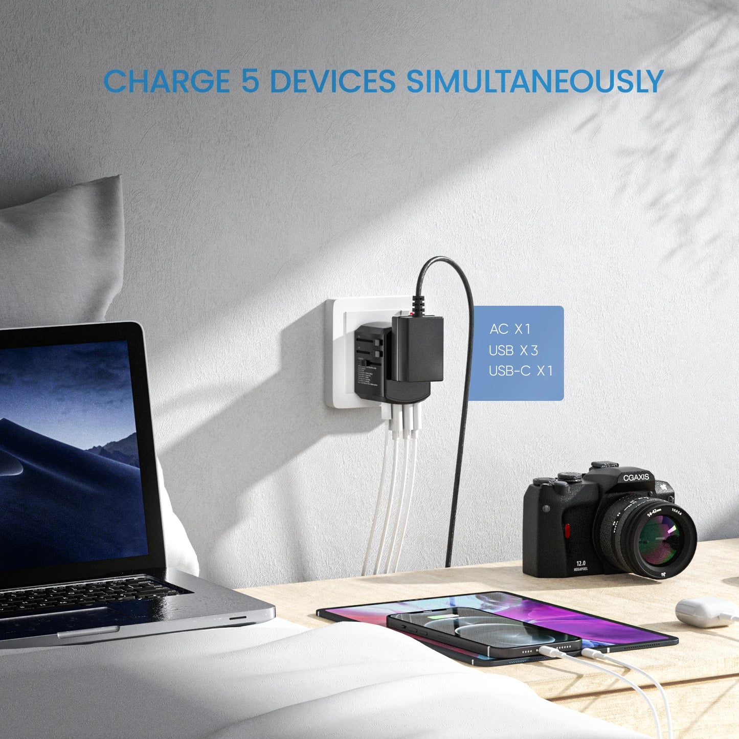 All-in-One Universal Travel Adapter with 3 USB Ports, 1 Type C Wall Charger - Worldwide Compatibility.