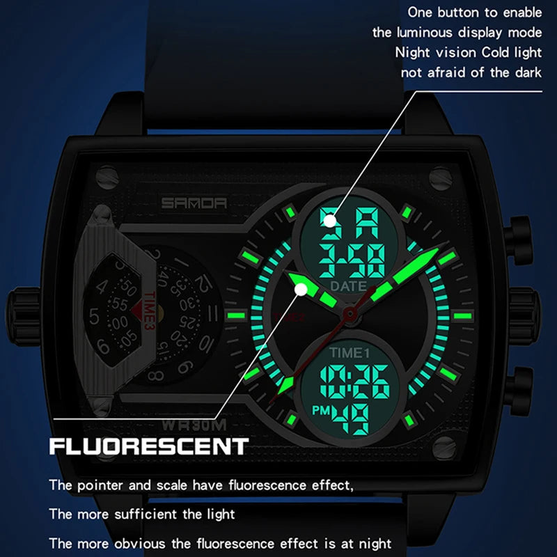 Gold Big Dial Three Time Men Wrist Watches Stainless Steel Men Sports Digital Military Quartz Watch Luminous Male Clock