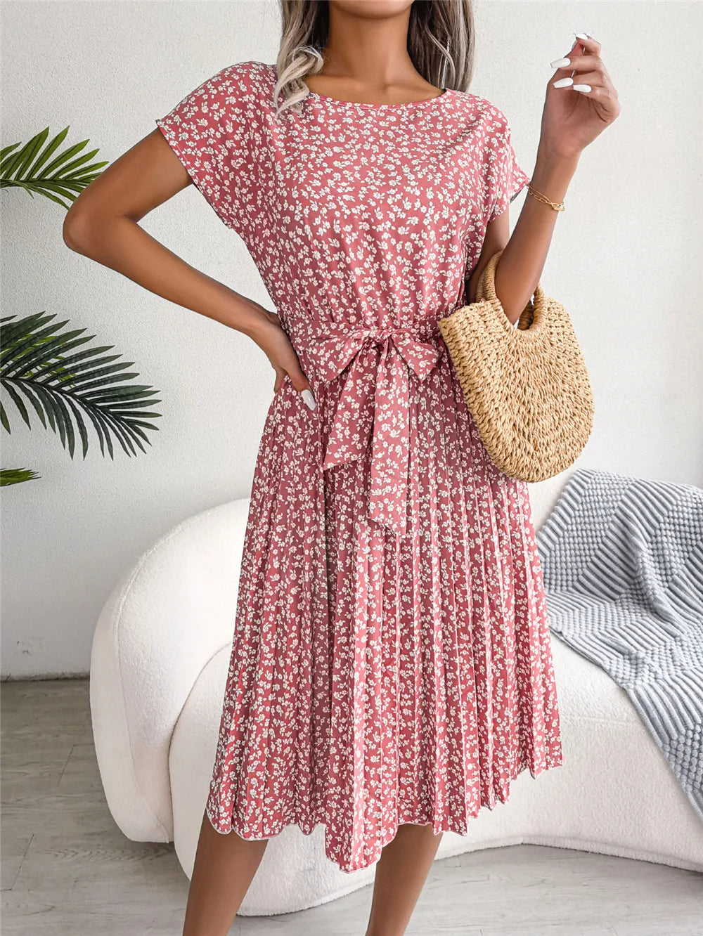 Ficusrong Fashion Floral Pleated A Line Long Dress Women Spring Summer Short Sleeve High Waist Chic Dress