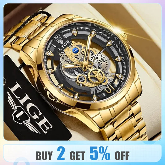 LIGE New Men Watch Skeleton Quartz Wristwatch Gold Skeleton Retro Man Watch Top Brand Luxury Clock Mens Watches Reloj Hombre