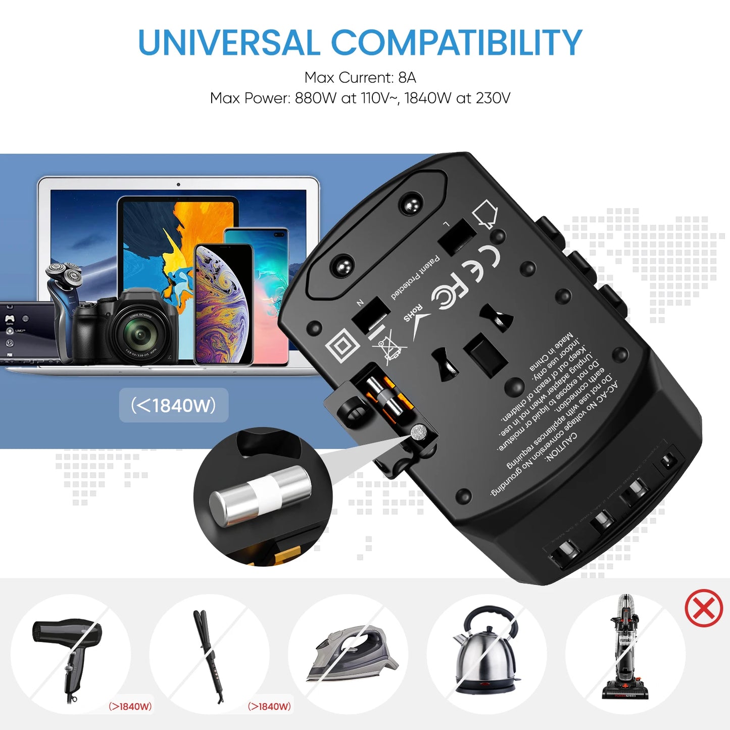 All-in-One Universal Travel Adapter with 3 USB Ports, 1 Type C Wall Charger - Worldwide Compatibility.