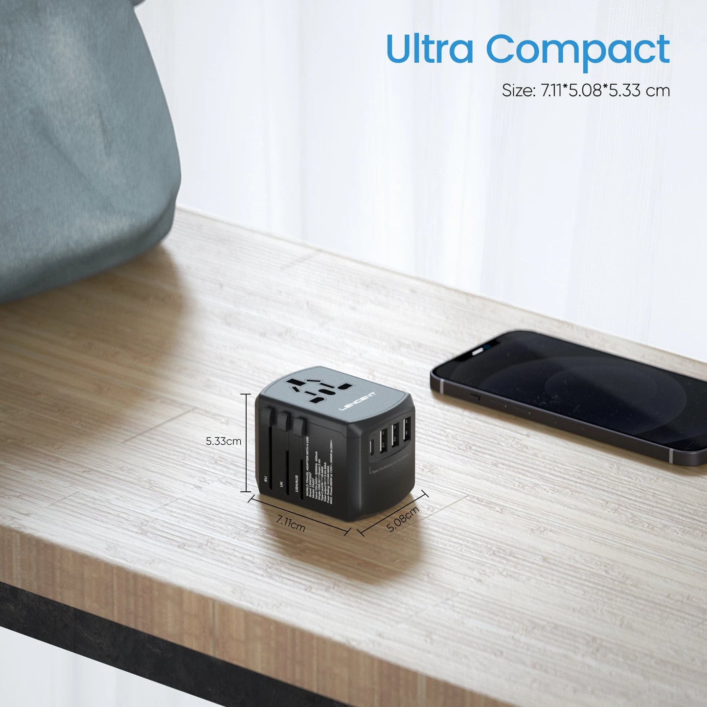 All-in-One Universal Travel Adapter with 3 USB Ports, 1 Type C Wall Charger - Worldwide Compatibility.