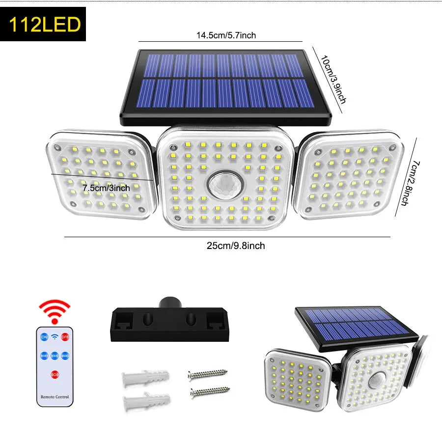 Solar Outdoor Light 182/112 LED Solar Security Flood Lighting with 3 Modes Adjustable Lighting Head for Garage Garden Yard