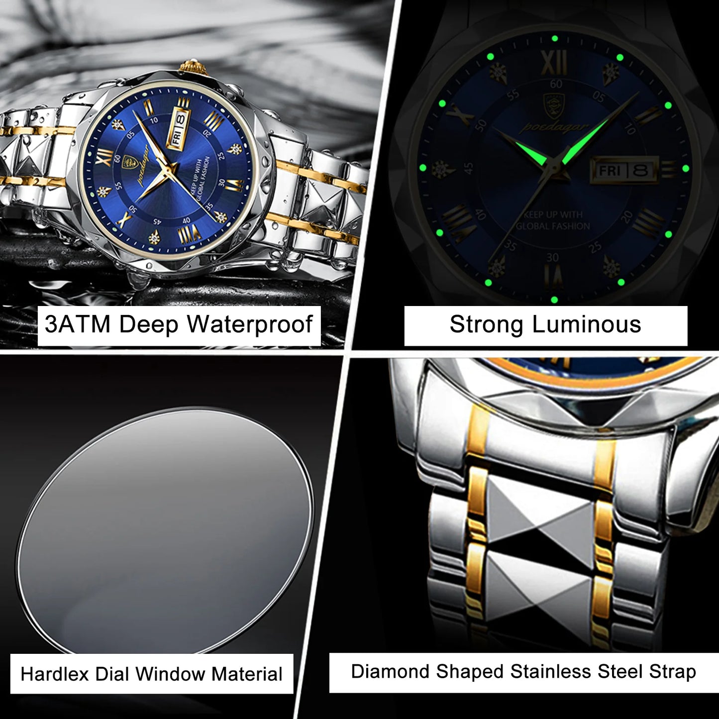 POEDAGAR Top Brand Luxury Man Wristwatch Waterproof Luminous Date Week Men Watches Stainless Steel Quartz Men's Watch