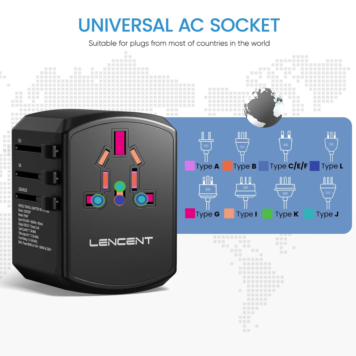 All-in-One Universal Travel Adapter with 3 USB Ports, 1 Type C Wall Charger - Worldwide Compatibility.