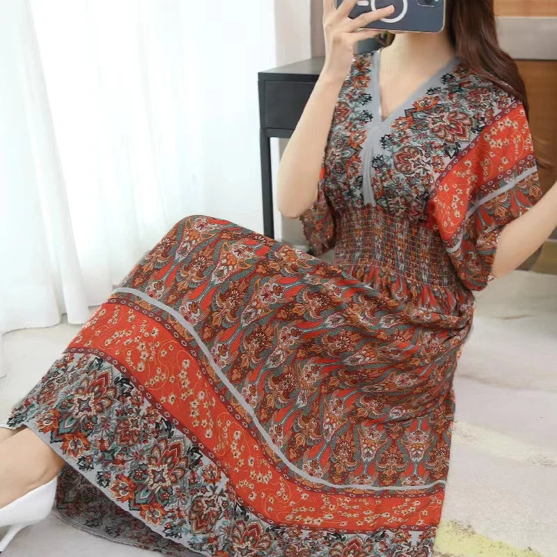 Casual Elegant Retro Style V-neck Tunic Large Swing Printed Dress Long Skirt