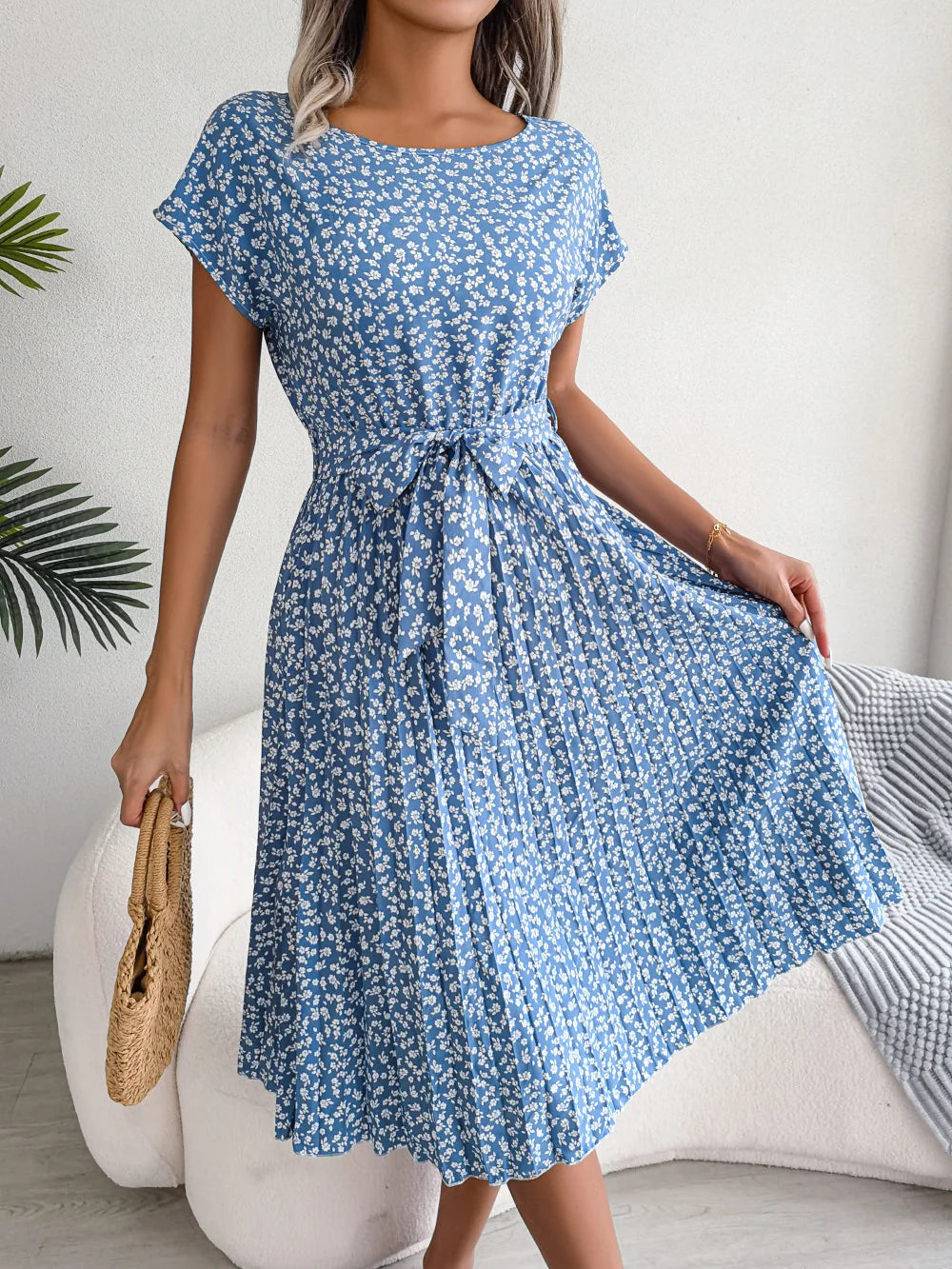 Ficusrong Fashion Floral Pleated A Line Long Dress Women Spring Summer Short Sleeve High Waist Chic Dress