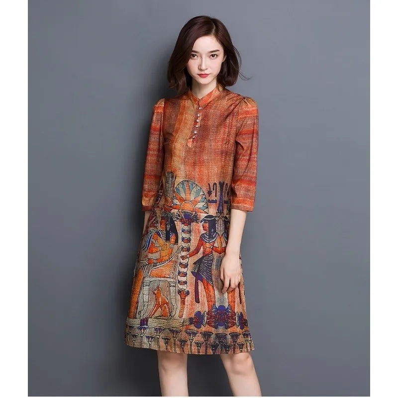 New 2024 Summer Women Vintage printing dress casual Long Dress