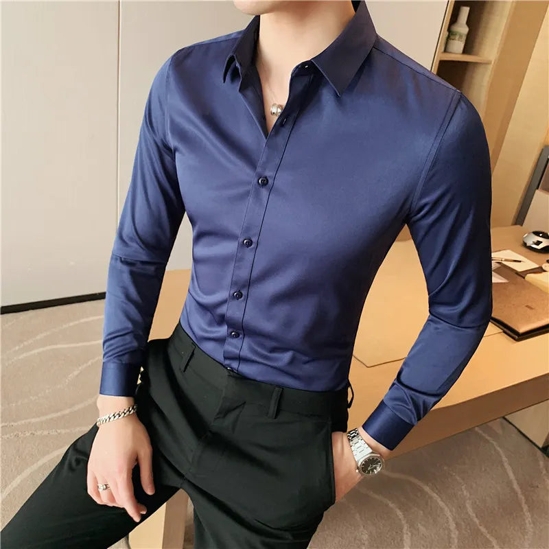 Long Sleeve Shirts For Men Clothing 2024 Business Formal Wear Slim Fit