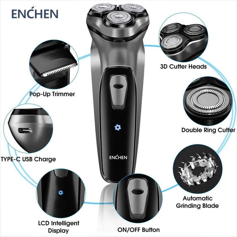 ENCHEN Blackstone Electrical Rotary Shaver for Men 3D Floating Blade Washable Type-C USB Rechargeable Shaving Beard Machine