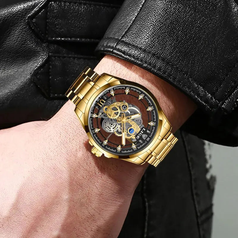 LIGE New Men Watch Skeleton Quartz Wristwatch Gold Skeleton Retro Man Watch Top Brand Luxury Clock Mens Watches Reloj Hombre