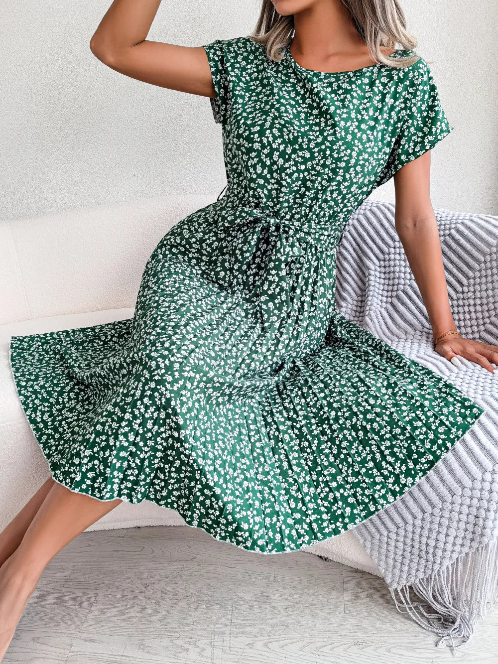 Ficusrong Fashion Floral Pleated A Line Long Dress Women Spring Summer Short Sleeve High Waist Chic Dress