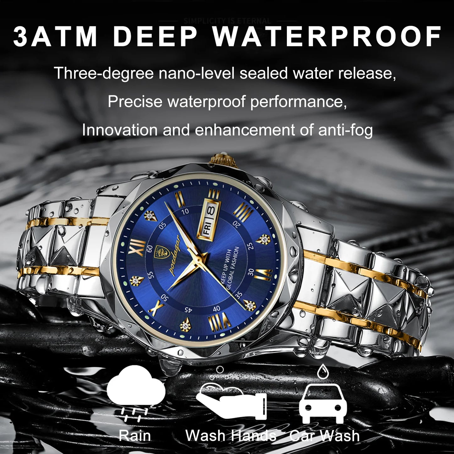 POEDAGAR Top Brand Luxury Man Wristwatch Waterproof Luminous Date Week Men Watches Stainless Steel Quartz Men's Watch