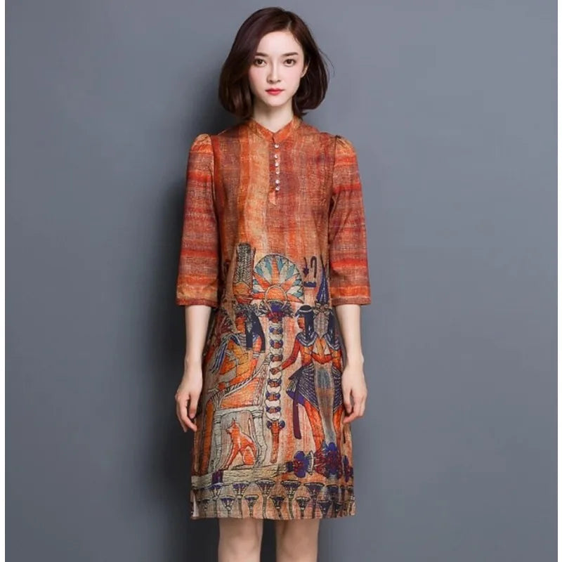 New 2024 Summer Women Vintage printing dress casual Long Dress