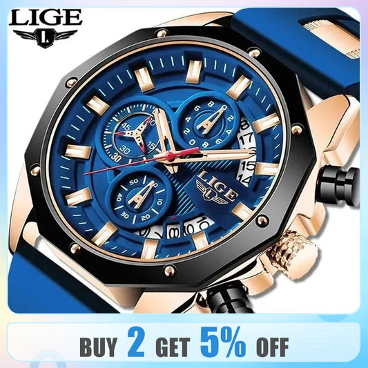 LIGE Fashion Men Watches Top Brand Luxury Silicone Sport Watch Men Quartz Date Clock Waterproof Wristwatch Chronograph Clock Man