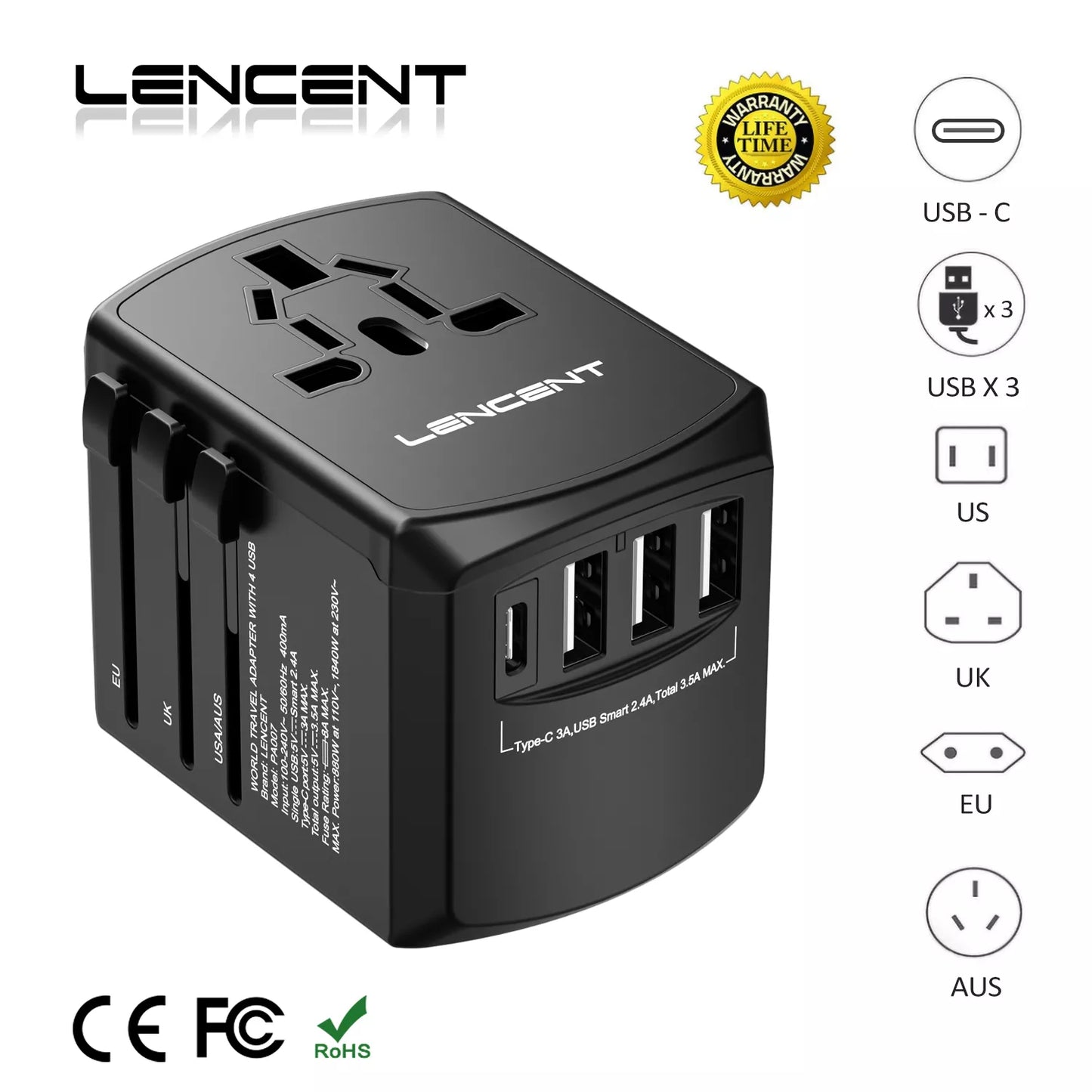 All-in-One Universal Travel Adapter with 3 USB Ports, 1 Type C Wall Charger - Worldwide Compatibility.