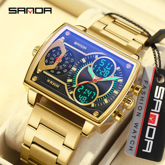 Gold Big Dial Three Time Men Wrist Watches Stainless Steel Men Sports Digital Military Quartz Watch Luminous Male Clock