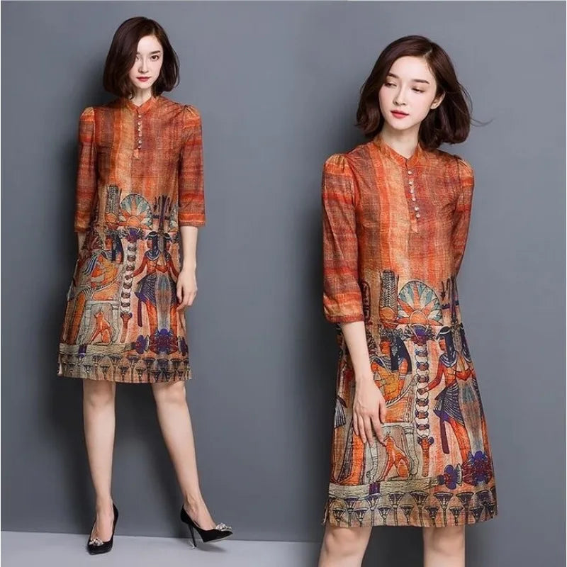 New 2024 Summer Women Vintage printing dress casual Long Dress