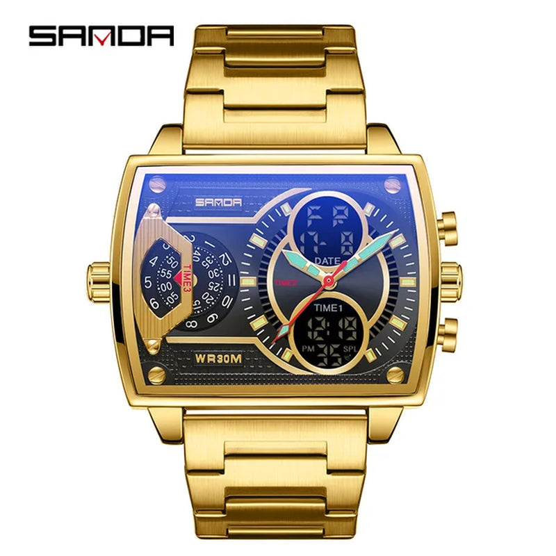 Elevate Style: Gold Big Dial Men's Sports Watch - Stainless Steel, Military Quartz, Luminous Clock