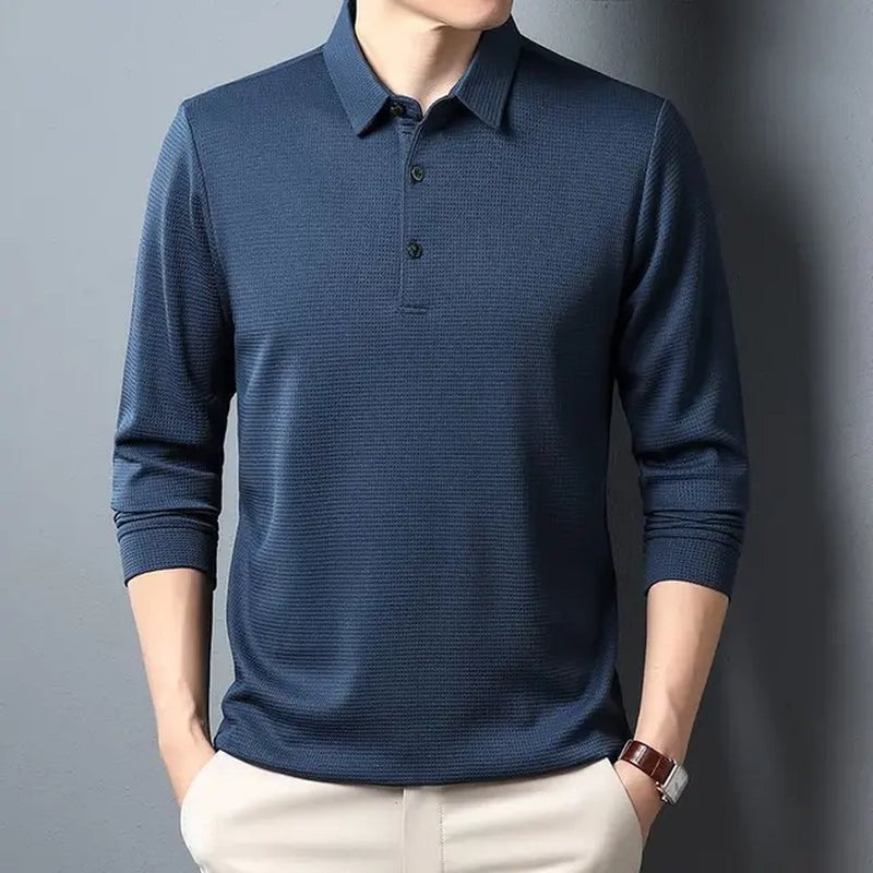 Elasticity meets style: Men's Solid Waffle Long Sleeve T-Shirt, Comfy 4XL, Leisure Polo Shirts