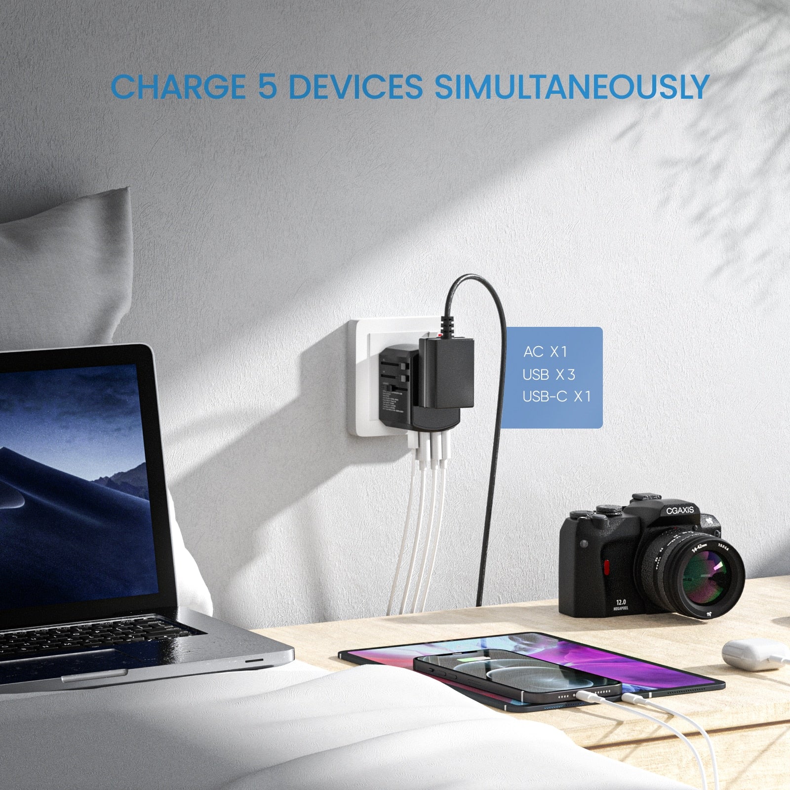 Universal Travel Adapter All-In-One Travel Charger with 3 USB Ports and 1 Type C Wall Charger for US EU UK AUS Travel