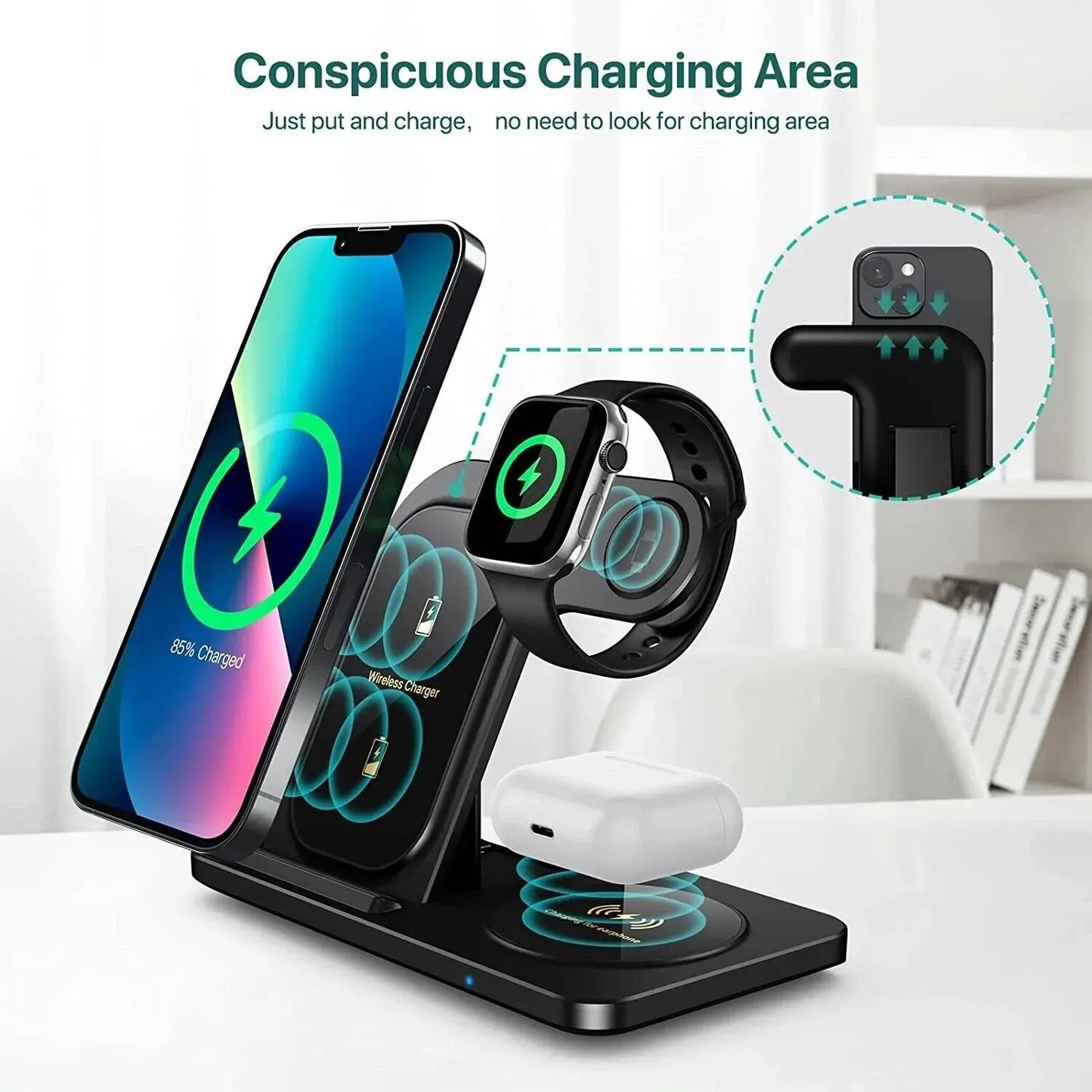 Streamline your charging: 3 in 1 Foldable Wireless Charger Stand for iPhone 15 to X Max, Iwatch, Airpods Pro