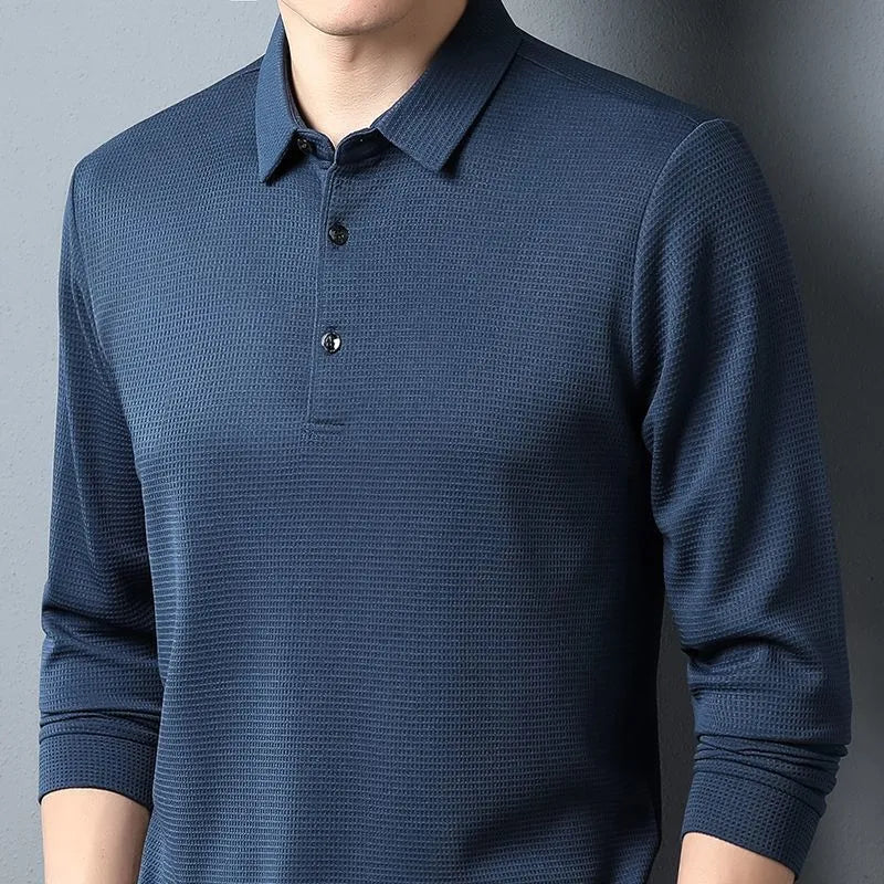 Elasticity meets style: Men's Solid Waffle Long Sleeve T-Shirt, Comfy 4XL, Leisure Polo Shirts