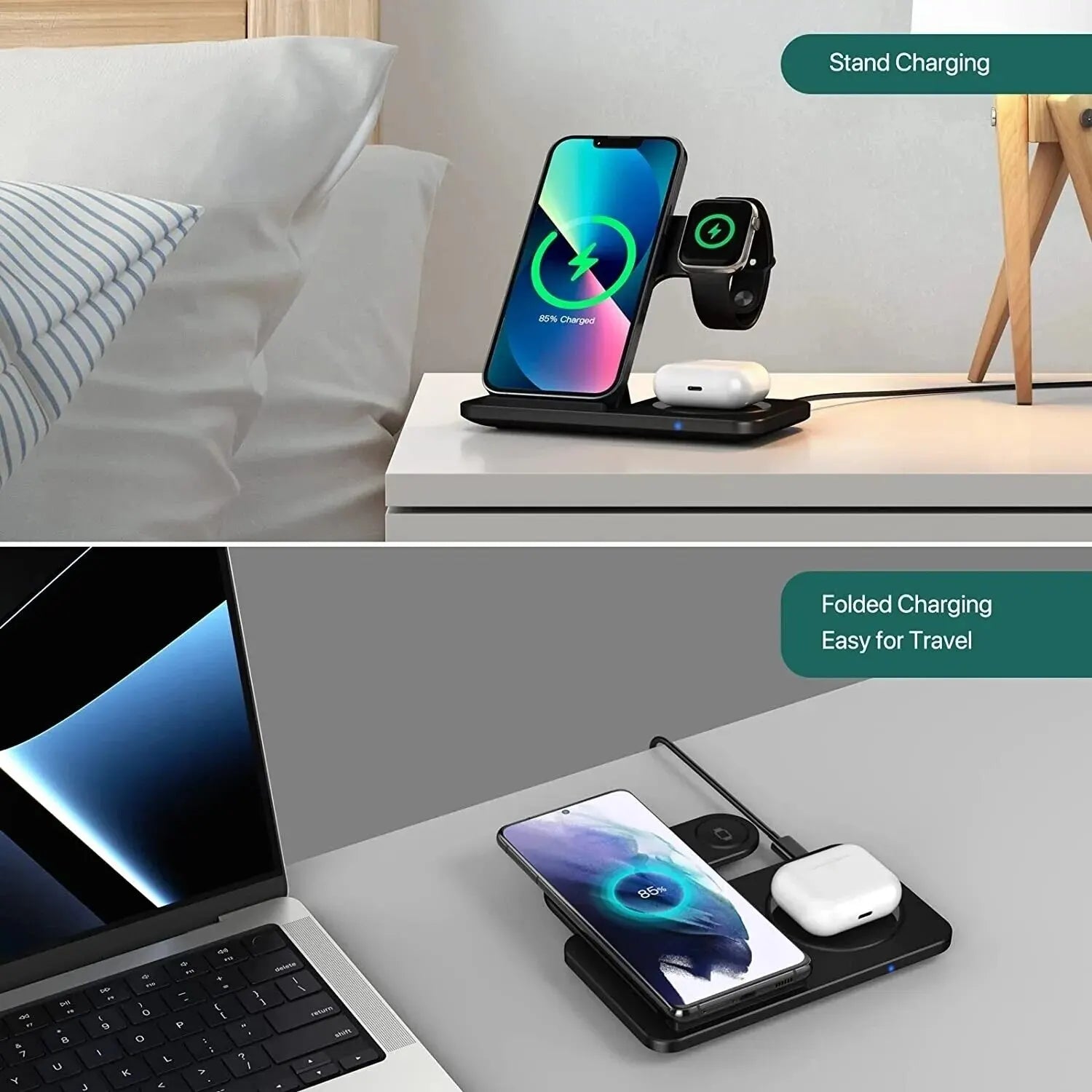 Streamline your charging: 3 in 1 Foldable Wireless Charger Stand for iPhone 15 to X Max, Iwatch, Airpods Pro