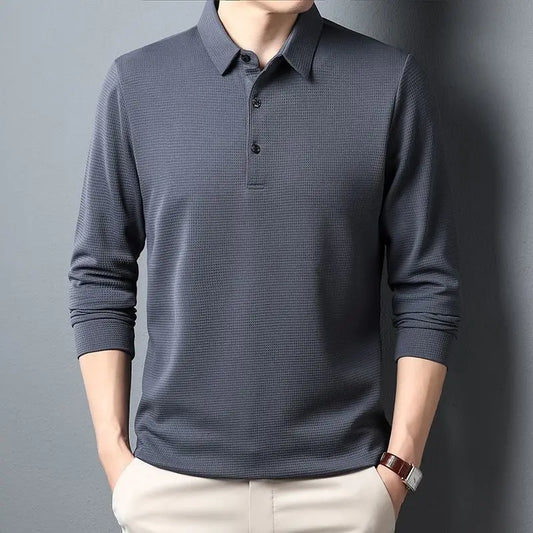 Elasticity meets style: Men's Solid Waffle Long Sleeve T-Shirt, Comfy 4XL, Leisure Polo Shirts