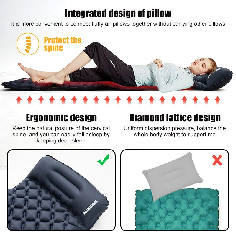 Ultralight Outdoor Camping Mattress: Inflatable Air Pad with Built-In Pump, Pillows for Comfortable Hiking Sleep