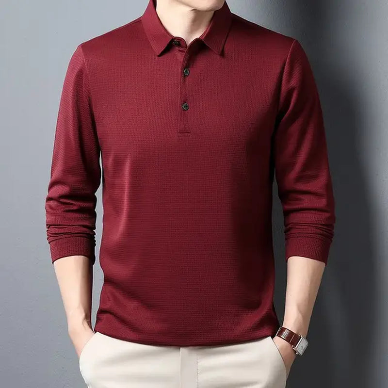 Elasticity meets style: Men's Solid Waffle Long Sleeve T-Shirt, Comfy 4XL, Leisure Polo Shirts