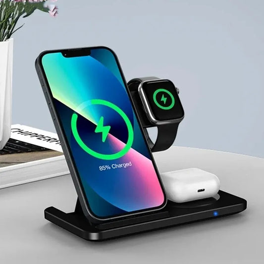 Streamline your charging: 3 in 1 Foldable Wireless Charger Stand for iPhone 15 to X Max, Iwatch, Airpods Pro