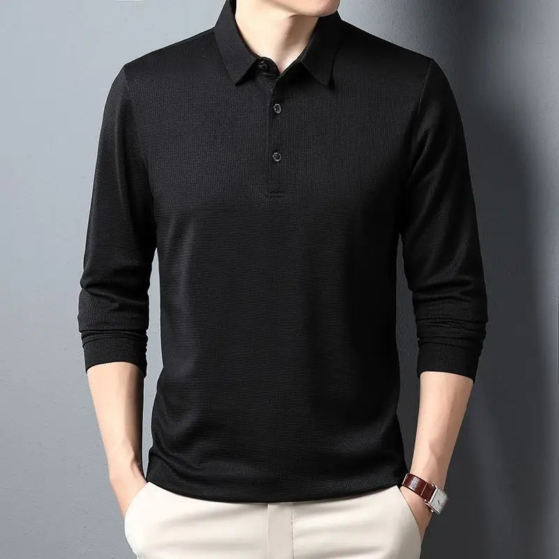 Elasticity meets style: Men's Solid Waffle Long Sleeve T-Shirt, Comfy 4XL, Leisure Polo Shirts