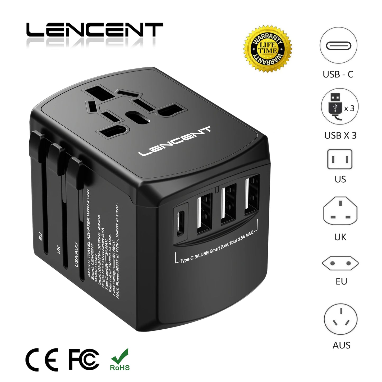 Universal Travel Adapter All-In-One Travel Charger with 3 USB Ports and 1 Type C Wall Charger for US EU UK AUS Travel